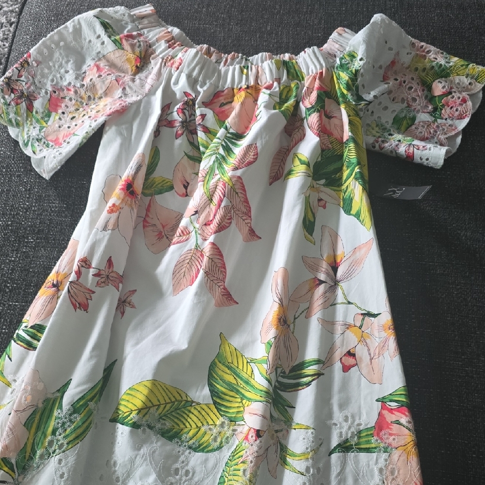 New York & Company Off-Shoulder Floral Dress - White, Green, and Pink